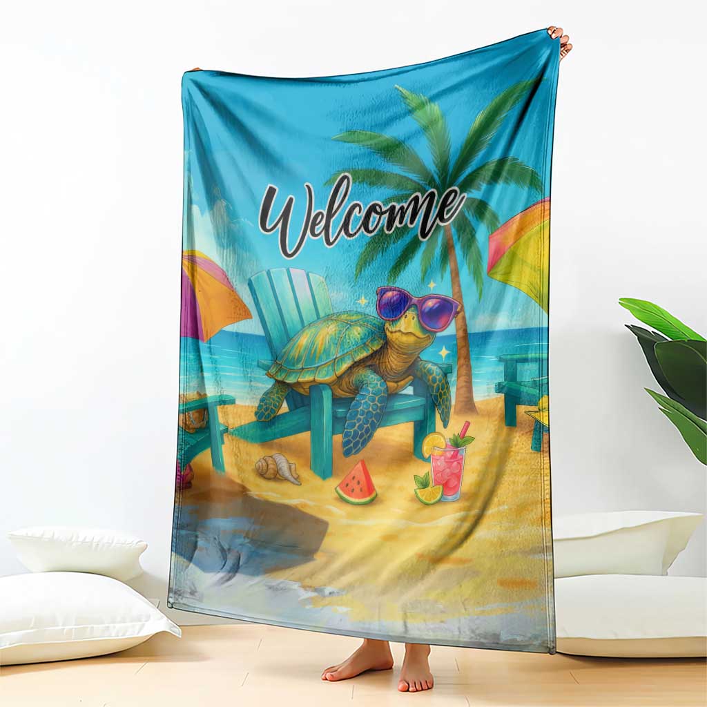 Welcome Beach Sea Turtle Relaxing in Chair Throw Blanket Tropical Oasis Summer Vibes Vacation TS02 Print Your Wear