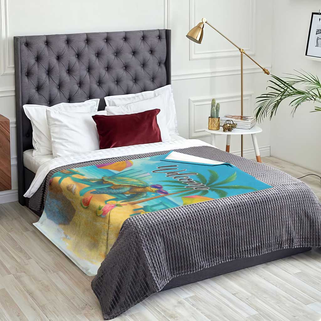 Welcome Beach Sea Turtle Relaxing in Chair Throw Blanket Tropical Oasis Summer Vibes Vacation TS02 Print Your Wear