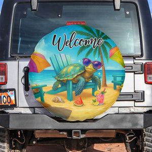 Welcome Beach Sea Turtle Relaxing in Chair Spare Tire Cover Tropical Oasis Summer Vibes Vacation TS02 No hole Tropical Blue Print Your Wear