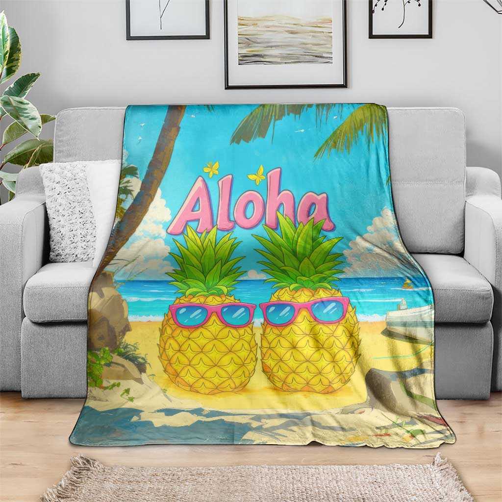 Aloha Sunglasses Pineapples Tropical Hawaii Throw Blanket Beach Vacation Oasis Summer Vibes TS02 Print Your Wear
