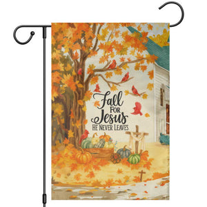 Fall for Jesus He Never Leaves Autumn Church and Pumpkins Garden Flag TS02 Light Beige Print Your Wear