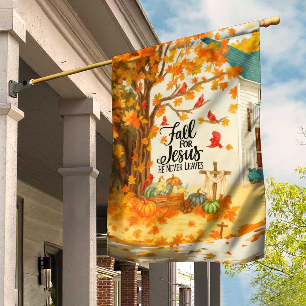 Fall for Jesus He Never Leaves Autumn Church and Pumpkins Garden Flag TS02 Print Your Wear