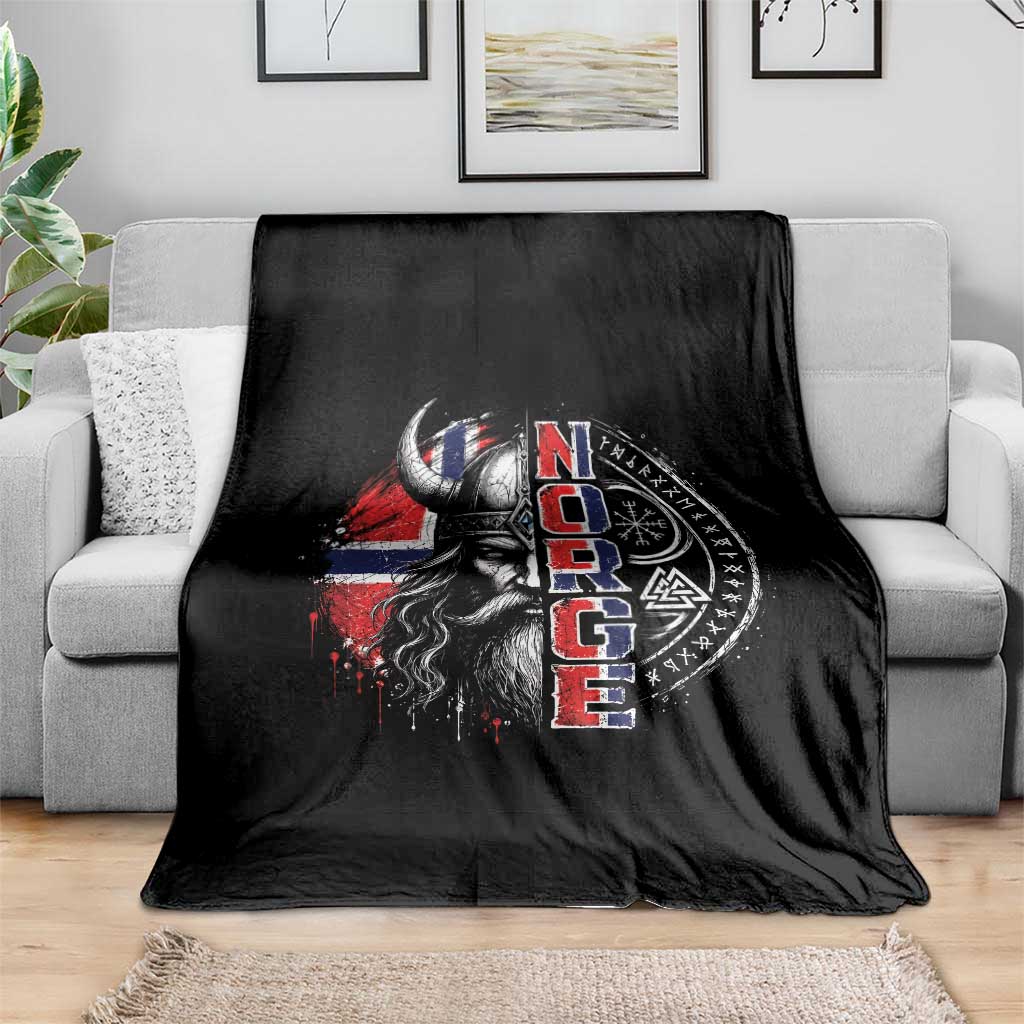 Fierce Norge Viking Warrior with Horned Helmet Graphic Throw Blanket Norway Pride Distressed Norwegian Flag and Runes TS02 Print Your Wear