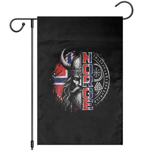 Fierce Norge Viking Warrior with Horned Helmet Graphic Garden Flag Norway Pride Distressed Norwegian Flag and Runes TS02 Black Print Your Wear