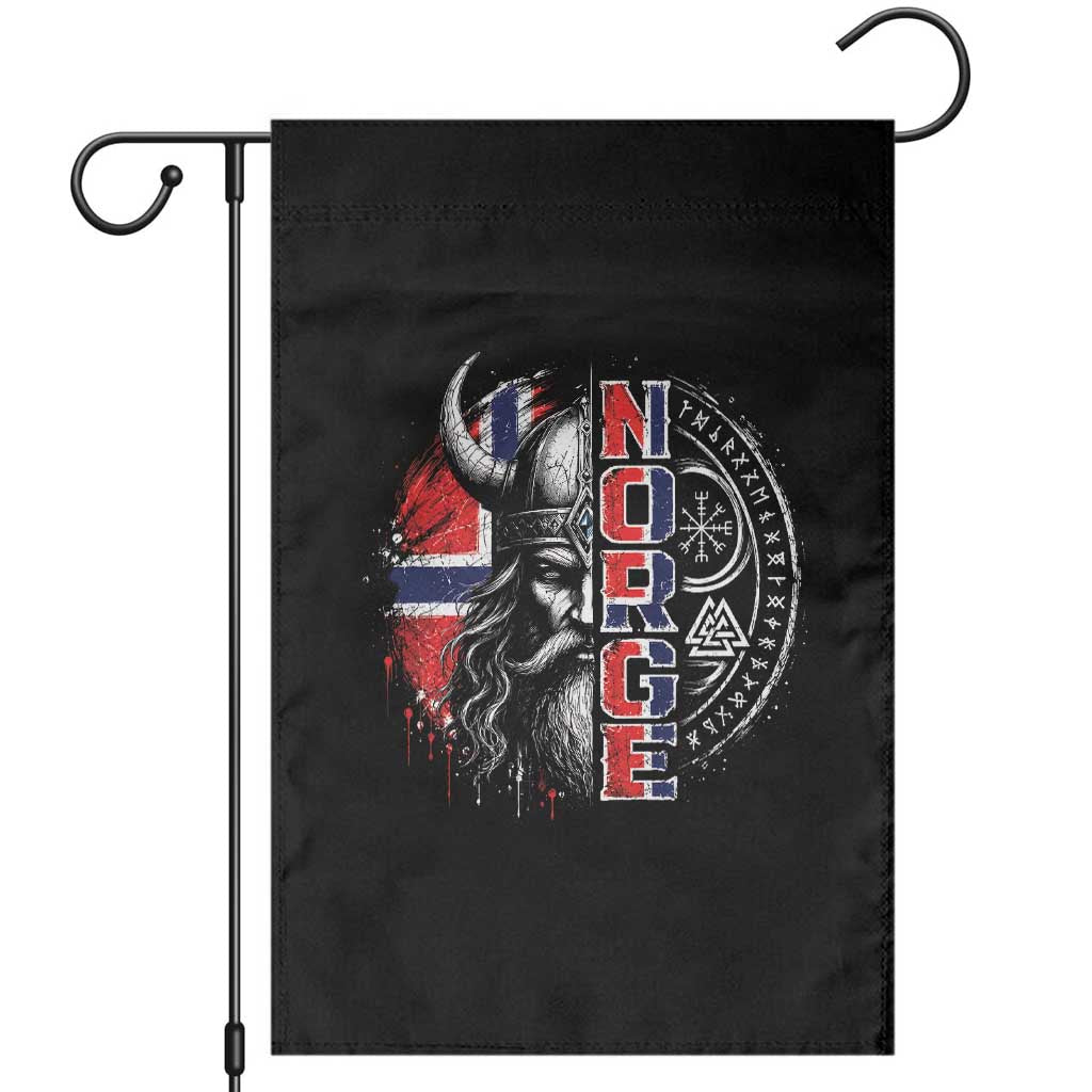 Fierce Norge Viking Warrior with Horned Helmet Graphic Garden Flag Norway Pride Distressed Norwegian Flag and Runes TS02 Black Print Your Wear