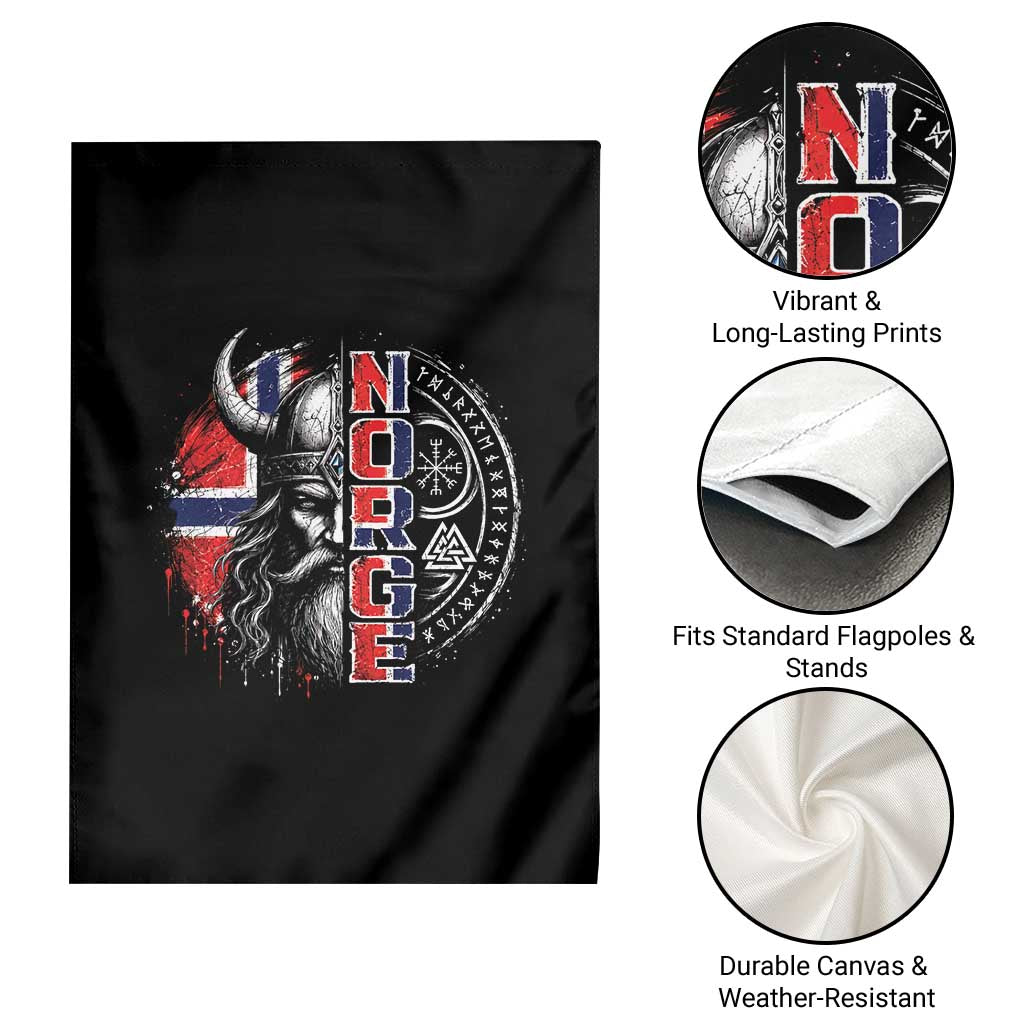 Fierce Norge Viking Warrior with Horned Helmet Graphic Garden Flag Norway Pride Distressed Norwegian Flag and Runes TS02 Print Your Wear