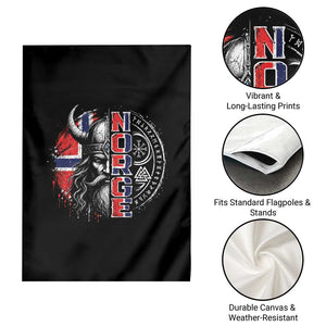 Fierce Norge Viking Warrior with Horned Helmet Graphic Garden Flag Norway Pride Distressed Norwegian Flag and Runes TS02 Print Your Wear
