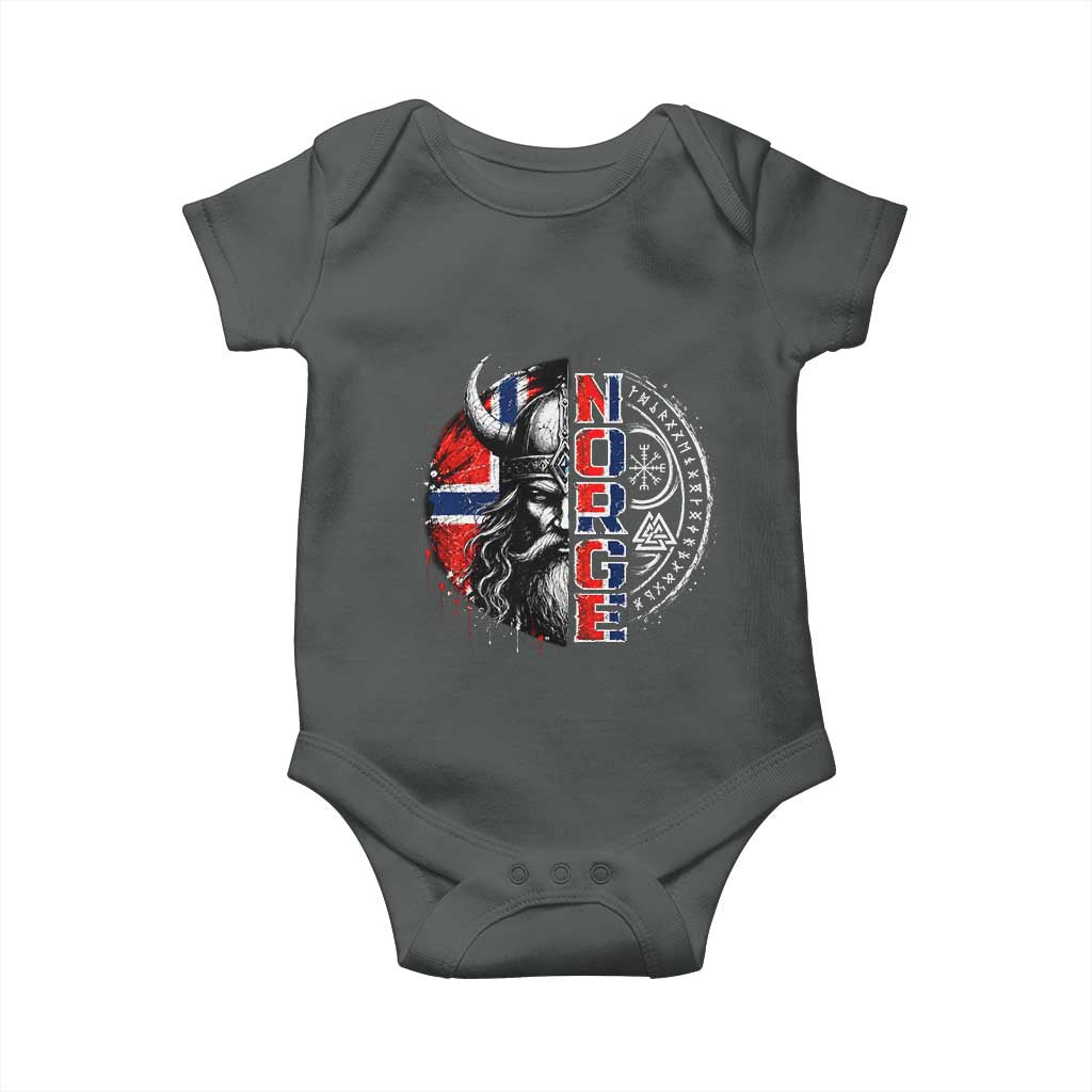 Fierce Norge Viking Warrior with Horned Helmet Graphic Baby Onesie Norway Pride Distressed Norwegian Flag and Runes TS02 Dark Heather Print Your Wear