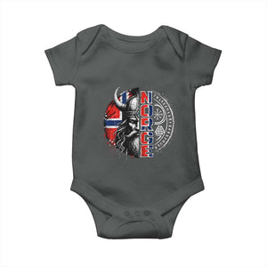 Fierce Norge Viking Warrior with Horned Helmet Graphic Baby Onesie Norway Pride Distressed Norwegian Flag and Runes TS02 Dark Heather Print Your Wear