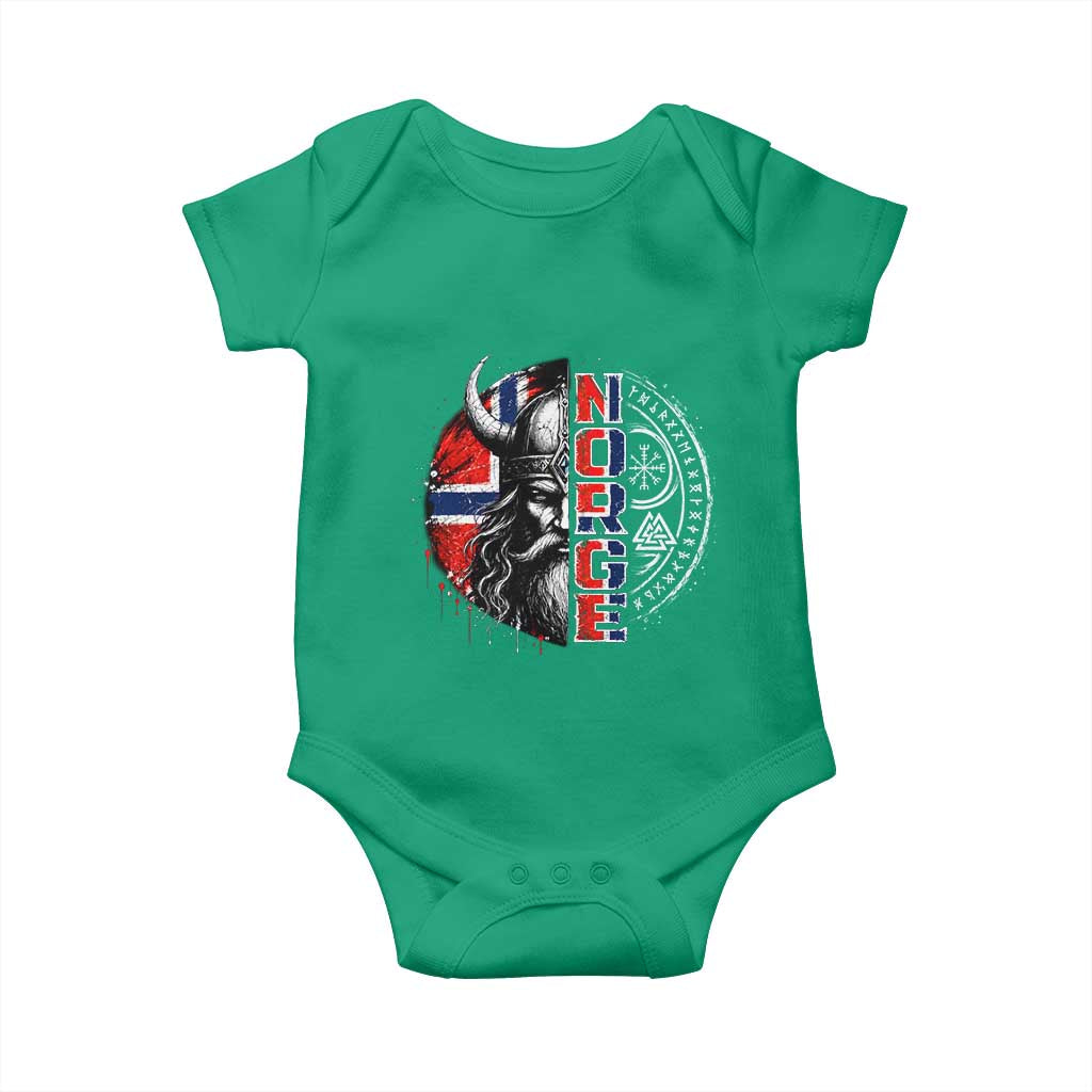 Fierce Norge Viking Warrior with Horned Helmet Graphic Baby Onesie Norway Pride Distressed Norwegian Flag and Runes TS02 Irish Green Print Your Wear