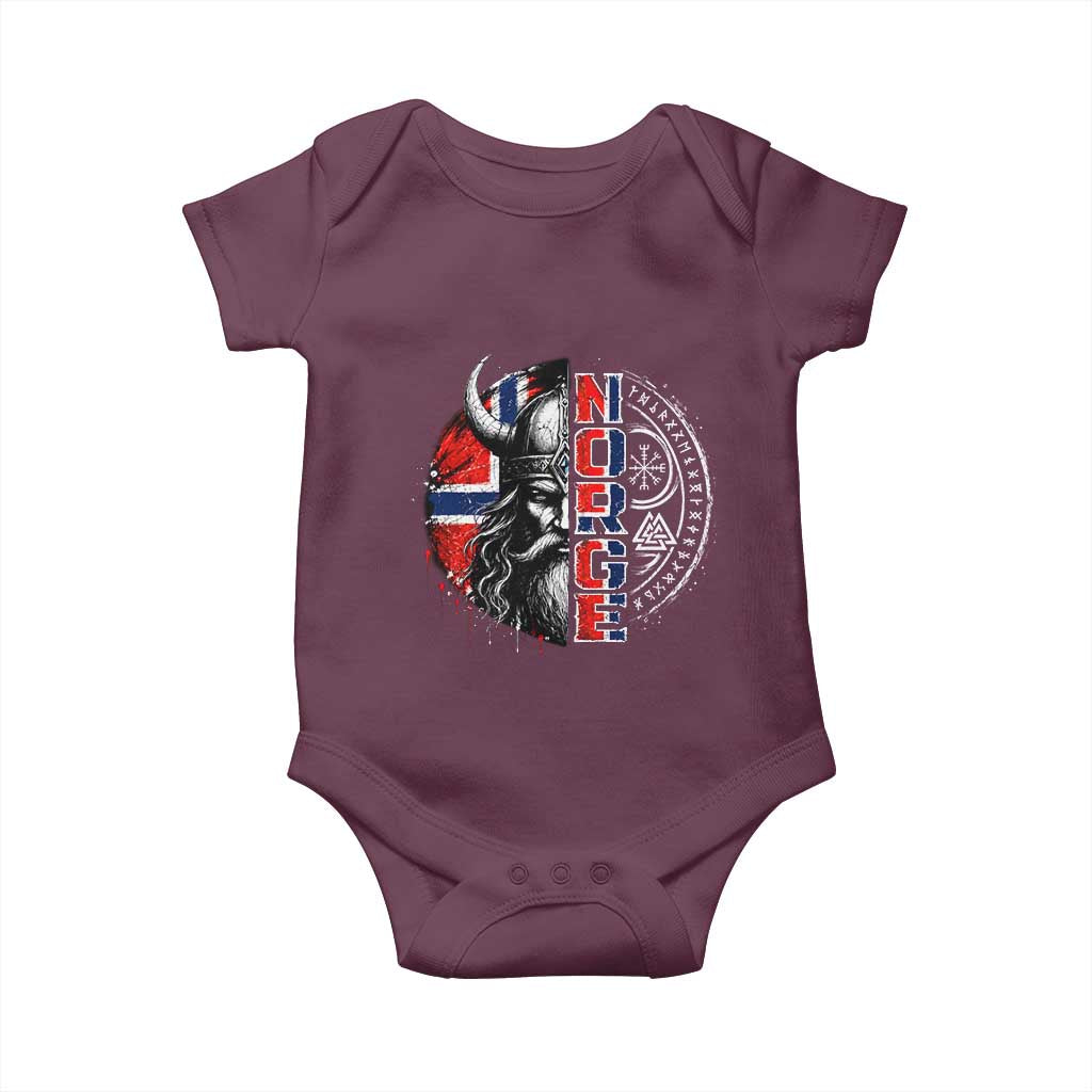 Fierce Norge Viking Warrior with Horned Helmet Graphic Baby Onesie Norway Pride Distressed Norwegian Flag and Runes TS02 Maroon Print Your Wear