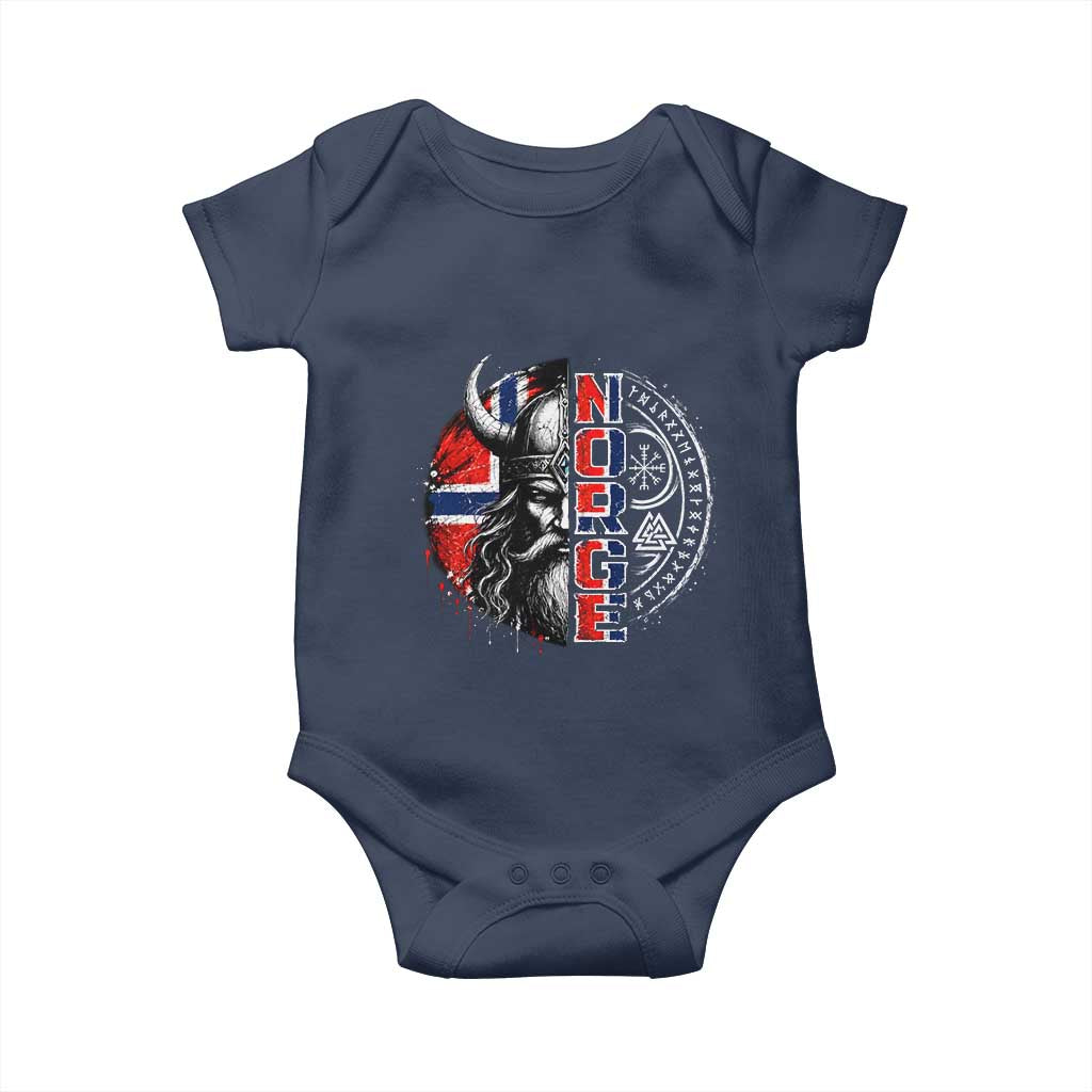 Fierce Norge Viking Warrior with Horned Helmet Graphic Baby Onesie Norway Pride Distressed Norwegian Flag and Runes TS02 Navy Print Your Wear