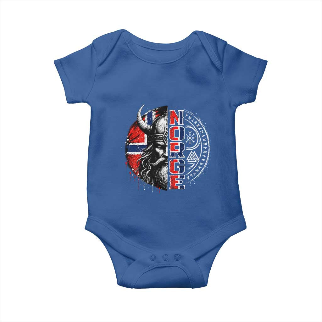 Fierce Norge Viking Warrior with Horned Helmet Graphic Baby Onesie Norway Pride Distressed Norwegian Flag and Runes TS02 Royal Blue Print Your Wear