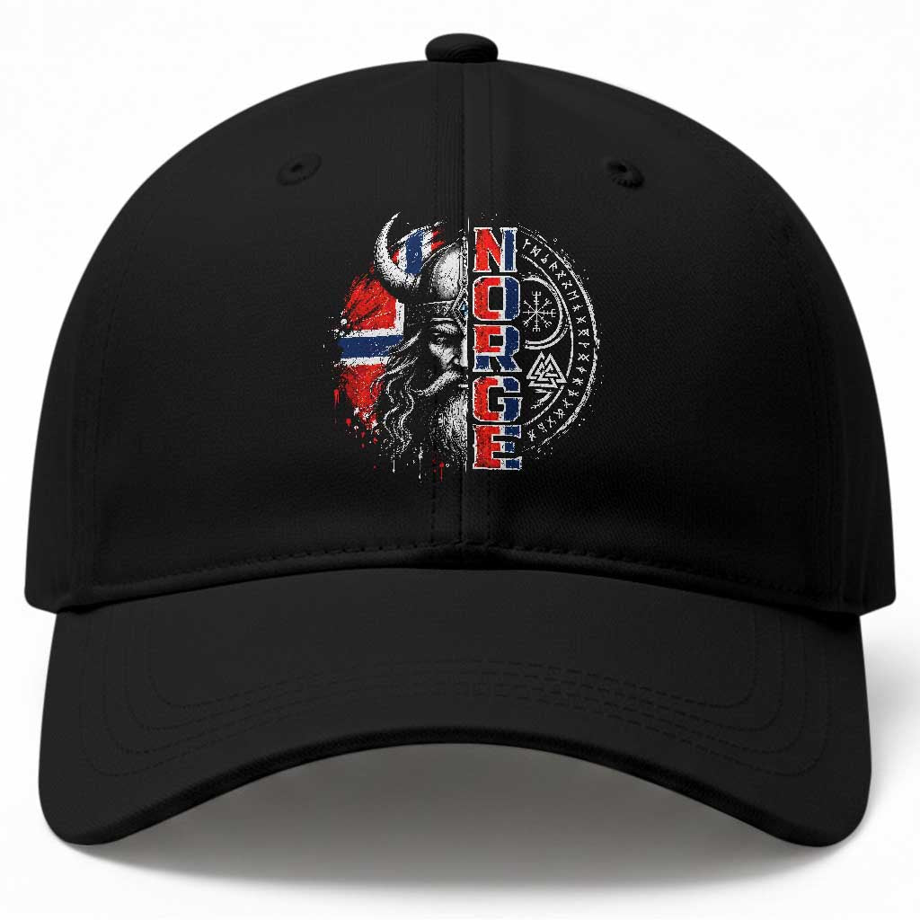 Fierce Norge Viking Warrior with Horned Helmet Graphic Baseball Cap Norway Pride Distressed Norwegian Flag and Runes TS02 Print Your Wear