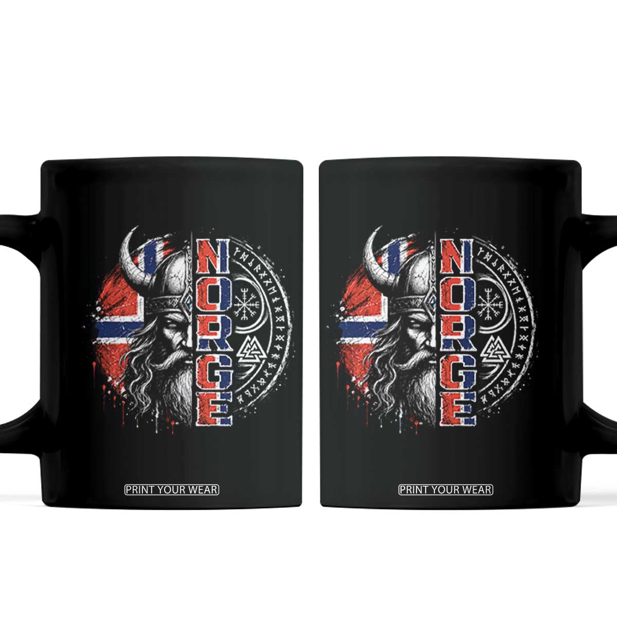 Fierce Norge Viking Warrior with Horned Helmet Graphic Coffee Mug Norway Pride Distressed Norwegian Flag and Runes TS02 Black Print Your Wear