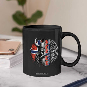 Fierce Norge Viking Warrior with Horned Helmet Graphic Coffee Mug Norway Pride Distressed Norwegian Flag and Runes TS02 Print Your Wear