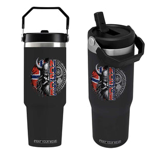 Fierce Norge Viking Warrior with Horned Helmet Graphic Flip Straw Tumbler Norway Pride Distressed Norwegian Flag and Runes TS02 One Size: 30 oz Black Print Your Wear