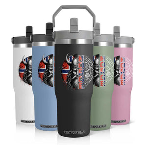 Fierce Norge Viking Warrior with Horned Helmet Graphic Flip Straw Tumbler Norway Pride Distressed Norwegian Flag and Runes TS02 Print Your Wear