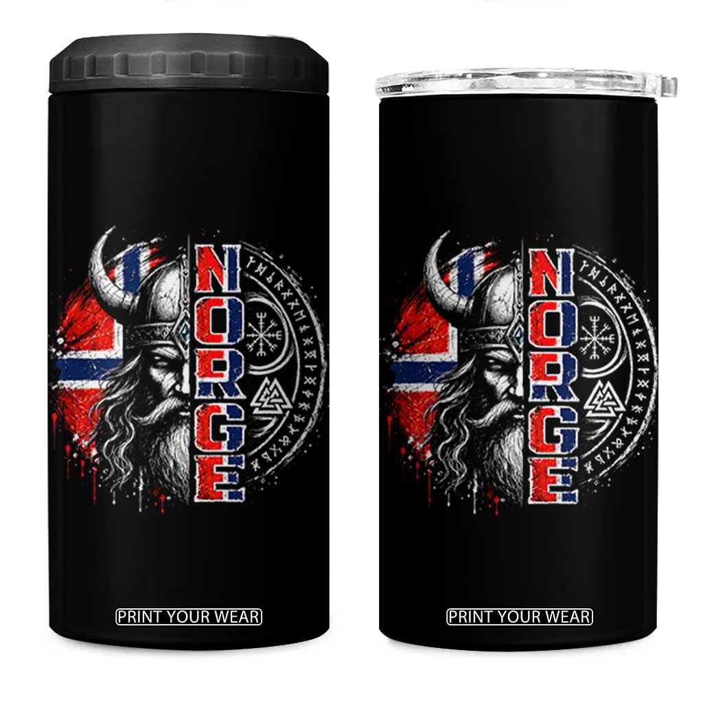 Fierce Norge Viking Warrior with Horned Helmet Graphic 4 in 1 Can Cooler Tumbler Norway Pride Distressed Norwegian Flag and Runes TS02 One Size: 16 oz Black Print Your Wear