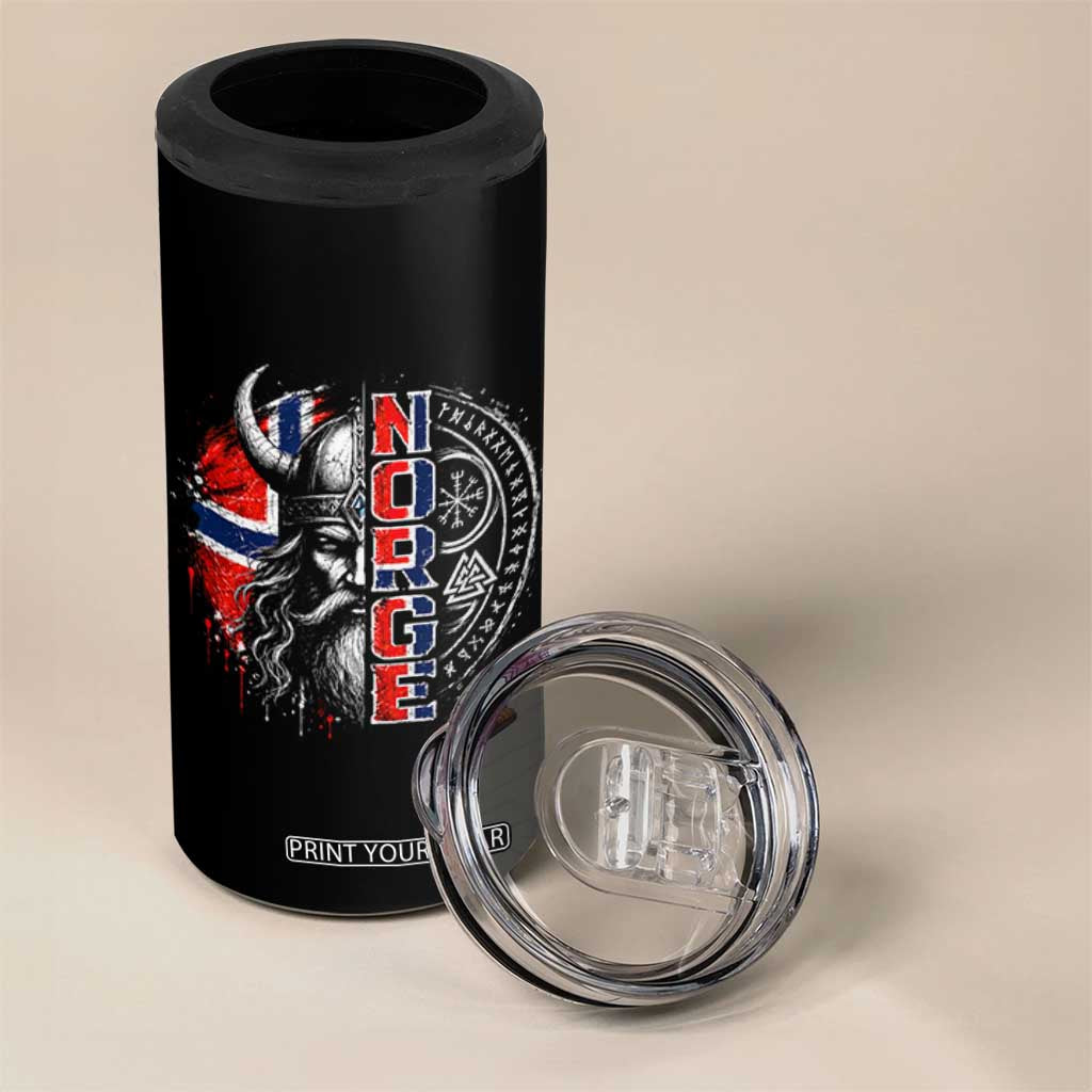 Fierce Norge Viking Warrior with Horned Helmet Graphic 4 in 1 Can Cooler Tumbler Norway Pride Distressed Norwegian Flag and Runes TS02 Print Your Wear