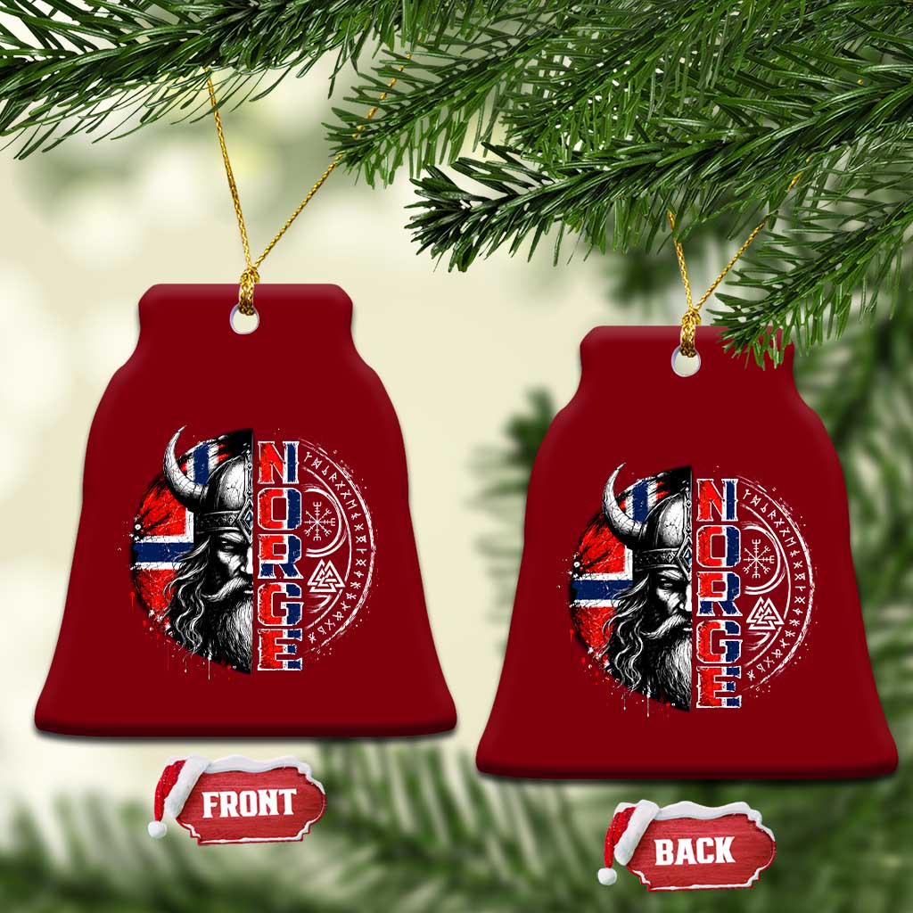 Fierce Norge Viking Warrior with Horned Helmet Graphic Ceramic Ornament Norway Pride Distressed Norwegian Flag and Runes TS02 Print Your Wear