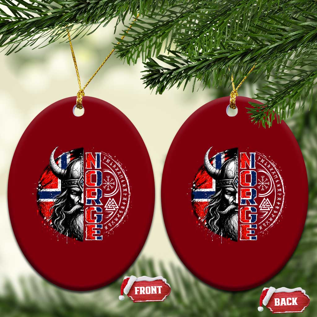 Fierce Norge Viking Warrior with Horned Helmet Graphic Ceramic Ornament Norway Pride Distressed Norwegian Flag and Runes TS02 Print Your Wear