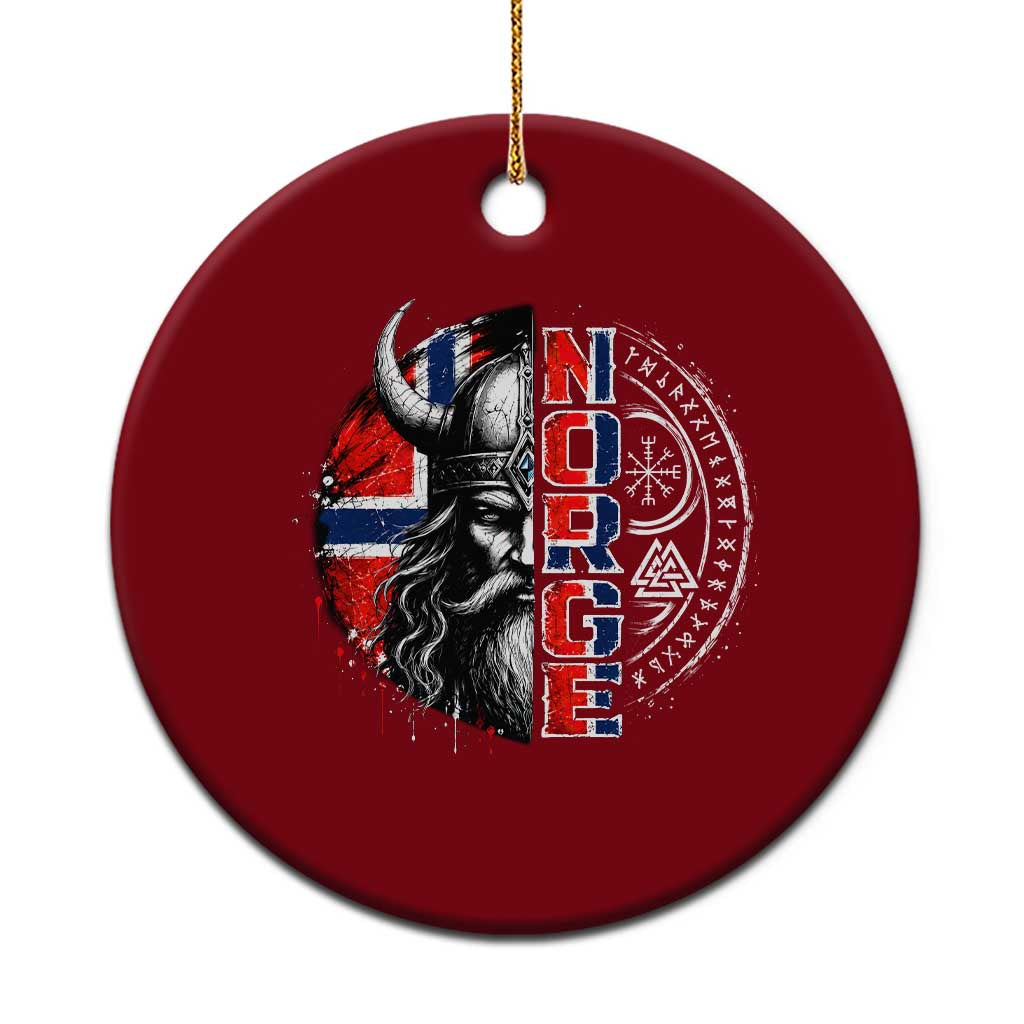 Fierce Norge Viking Warrior with Horned Helmet Graphic Ceramic Ornament Norway Pride Distressed Norwegian Flag and Runes TS02 1pc Red Print Your Wear