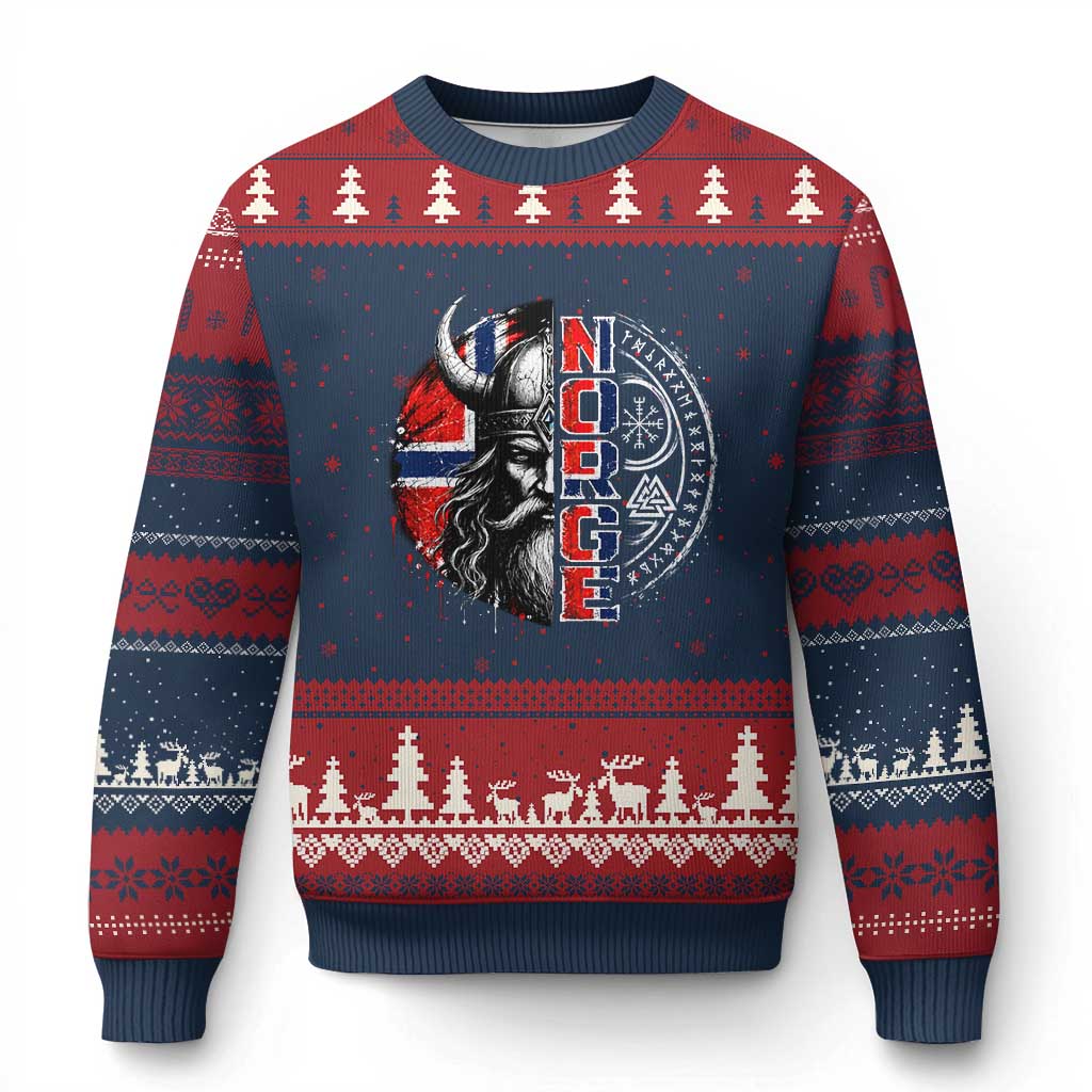 Fierce Norge Viking Warrior with Horned Helmet Graphic Ugly Christmas Sweater Norway Pride Distressed Norwegian Flag and Runes TS02 Navy Red Print Your Wear