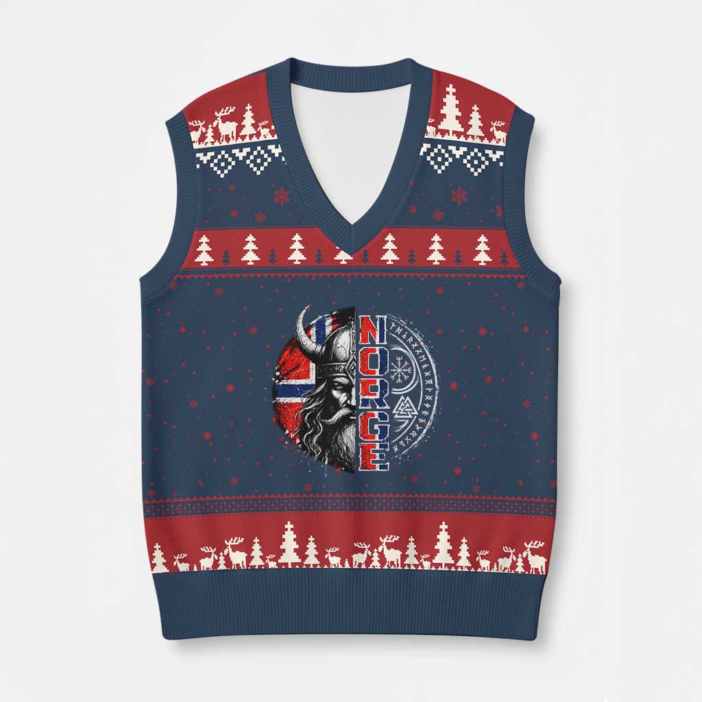 Fierce Norge Viking Warrior with Horned Helmet Graphic V-Neck Knit Sweater Vest Norway Pride Distressed Norwegian Flag and Runes TS02 Navy Red Print Your Wear