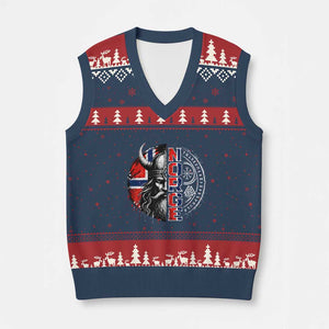 Fierce Norge Viking Warrior with Horned Helmet Graphic V-Neck Knit Sweater Vest Norway Pride Distressed Norwegian Flag and Runes TS02 Navy Red Print Your Wear