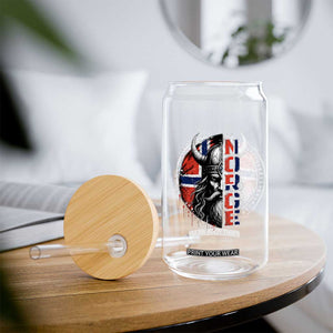 Fierce Norge Viking Warrior with Horned Helmet Graphic Glass Can Norway Pride Distressed Norwegian Flag and Runes TS02 Print Your Wear