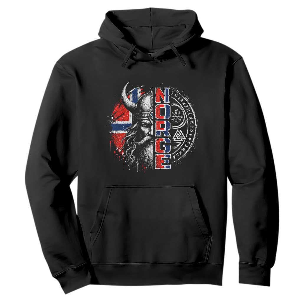 Fierce Norge Viking Warrior with Horned Helmet Graphic Hoodie Norway Pride Distressed Norwegian Flag and Runes TS02 Black Print Your Wear