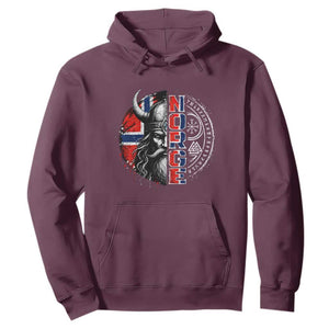 Fierce Norge Viking Warrior with Horned Helmet Graphic Hoodie Norway Pride Distressed Norwegian Flag and Runes TS02 Maroon Print Your Wear