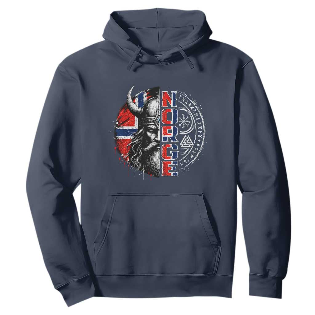 Fierce Norge Viking Warrior with Horned Helmet Graphic Hoodie Norway Pride Distressed Norwegian Flag and Runes TS02 Navy Print Your Wear