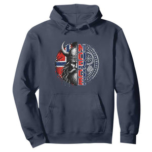 Fierce Norge Viking Warrior with Horned Helmet Graphic Hoodie Norway Pride Distressed Norwegian Flag and Runes TS02 Navy Print Your Wear