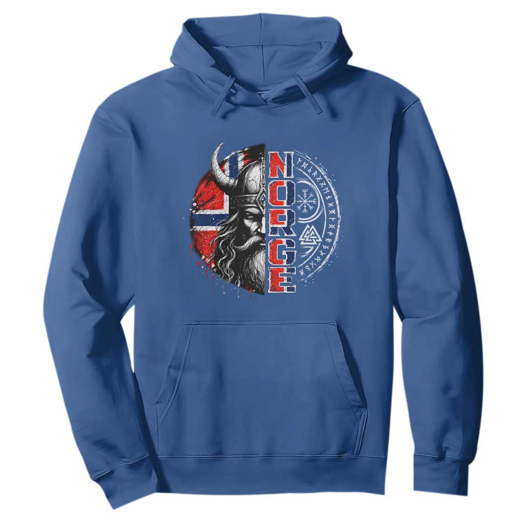 Fierce Norge Viking Warrior with Horned Helmet Graphic Hoodie Norway Pride Distressed Norwegian Flag and Runes TS02 Royal Blue Print Your Wear