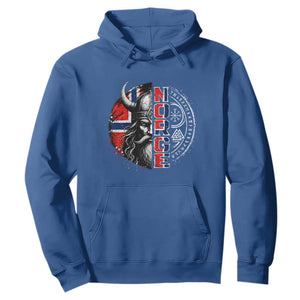 Fierce Norge Viking Warrior with Horned Helmet Graphic Hoodie Norway Pride Distressed Norwegian Flag and Runes TS02 Royal Blue Print Your Wear