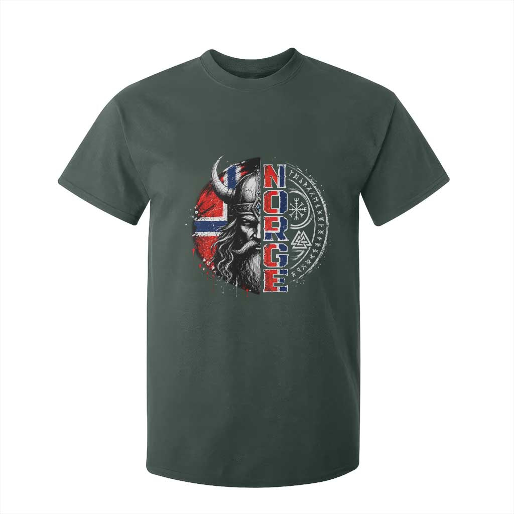 Fierce Norge Viking Warrior with Horned Helmet Graphic T Shirt For Kid Norway Pride Distressed Norwegian Flag and Runes TS02 Dark Forest Green Print Your Wear