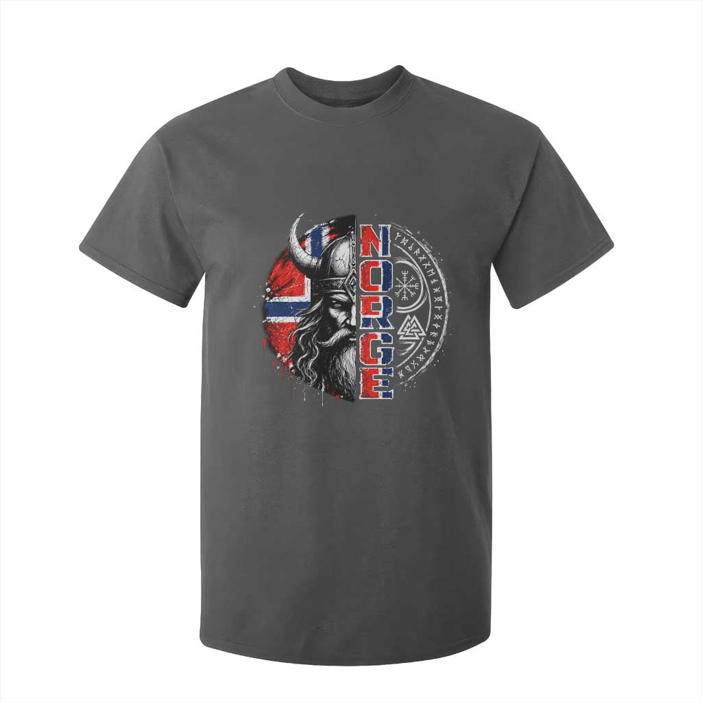 Fierce Norge Viking Warrior with Horned Helmet Graphic T Shirt For Kid Norway Pride Distressed Norwegian Flag and Runes TS02 Dark Heather Print Your Wear