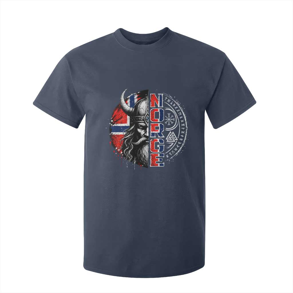Fierce Norge Viking Warrior with Horned Helmet Graphic T Shirt For Kid Norway Pride Distressed Norwegian Flag and Runes TS02 Navy Print Your Wear