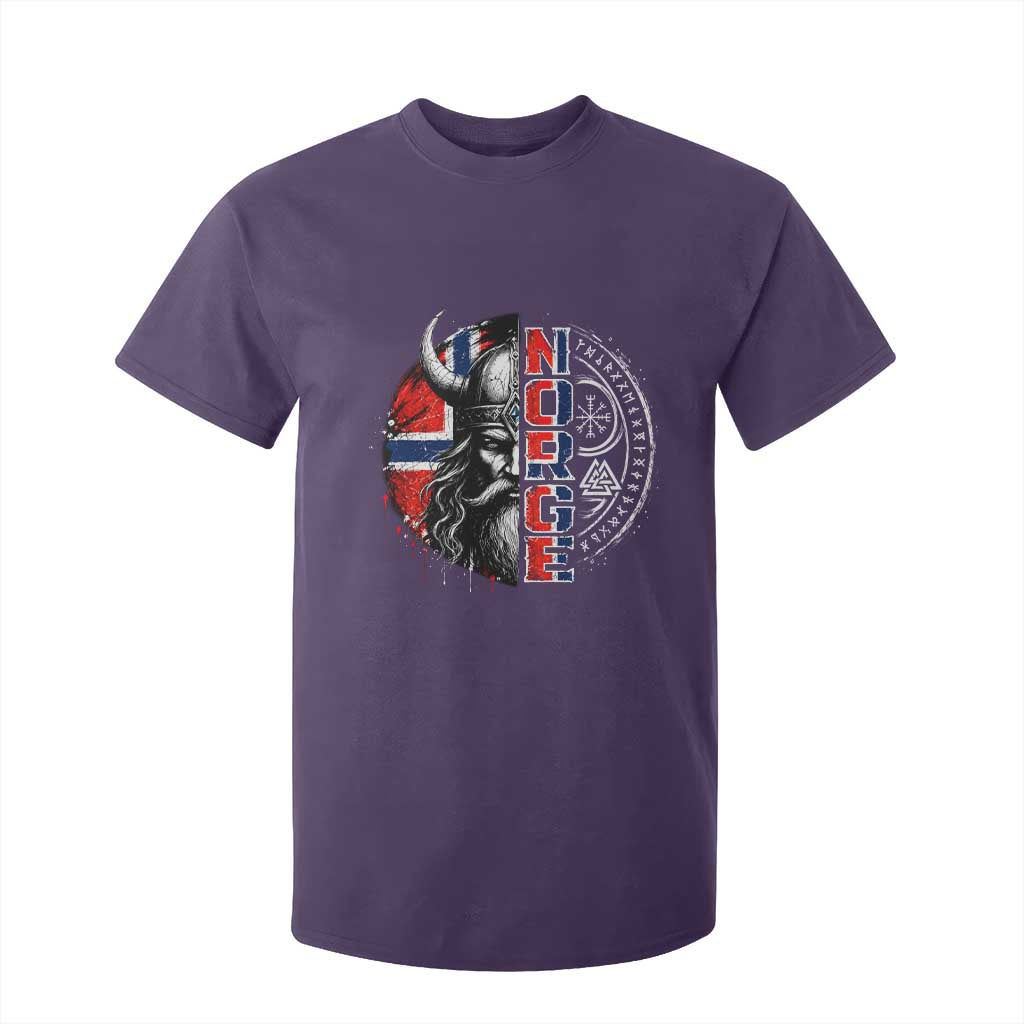 Fierce Norge Viking Warrior with Horned Helmet Graphic T Shirt For Kid Norway Pride Distressed Norwegian Flag and Runes TS02 Purple Print Your Wear