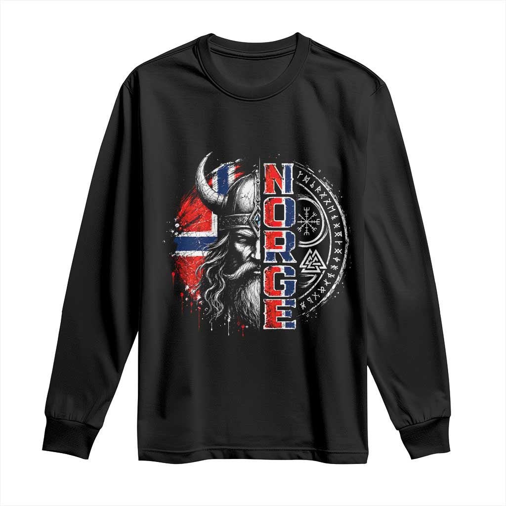 Fierce Norge Viking Warrior with Horned Helmet Graphic Long Sleeve Shirt Norway Pride Distressed Norwegian Flag and Runes TS02 Black Print Your Wear