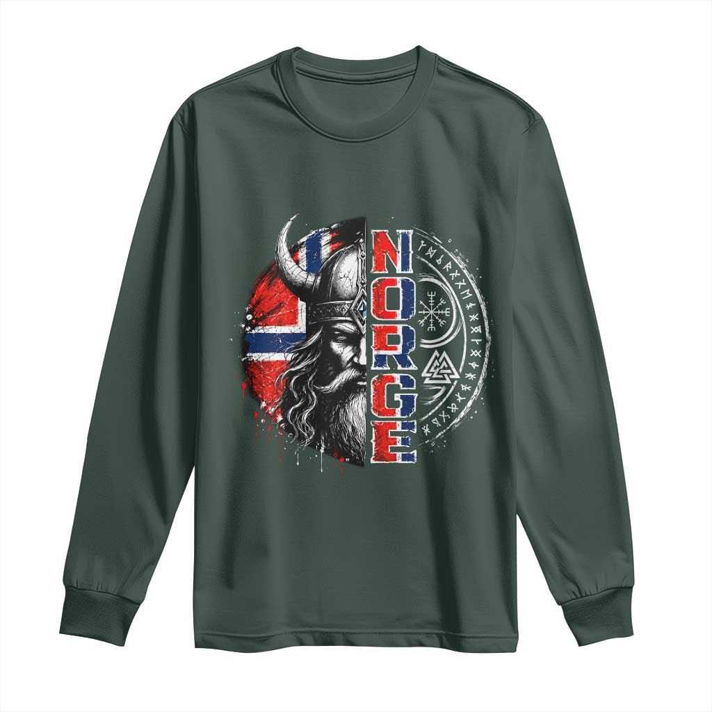 Fierce Norge Viking Warrior with Horned Helmet Graphic Long Sleeve Shirt Norway Pride Distressed Norwegian Flag and Runes TS02 Dark Forest Green Print Your Wear