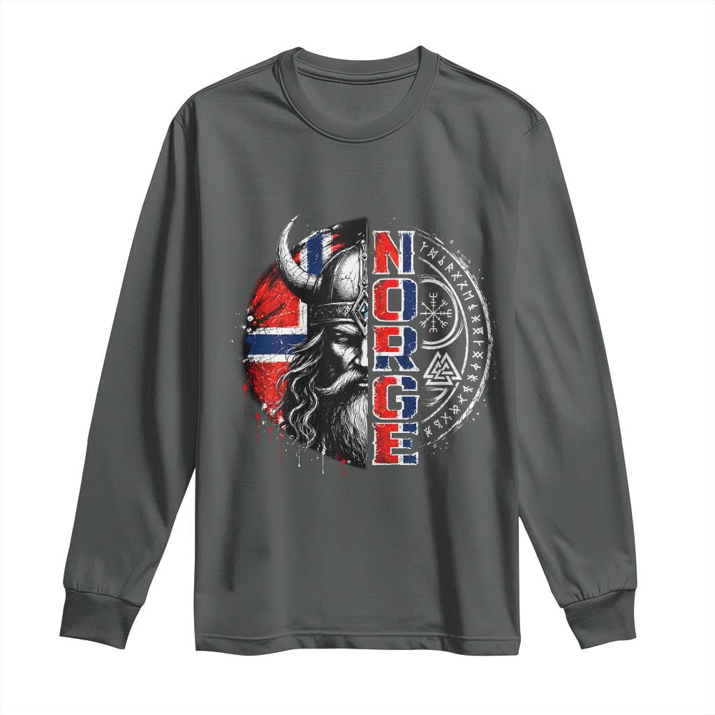 Fierce Norge Viking Warrior with Horned Helmet Graphic Long Sleeve Shirt Norway Pride Distressed Norwegian Flag and Runes TS02 Dark Heather Print Your Wear