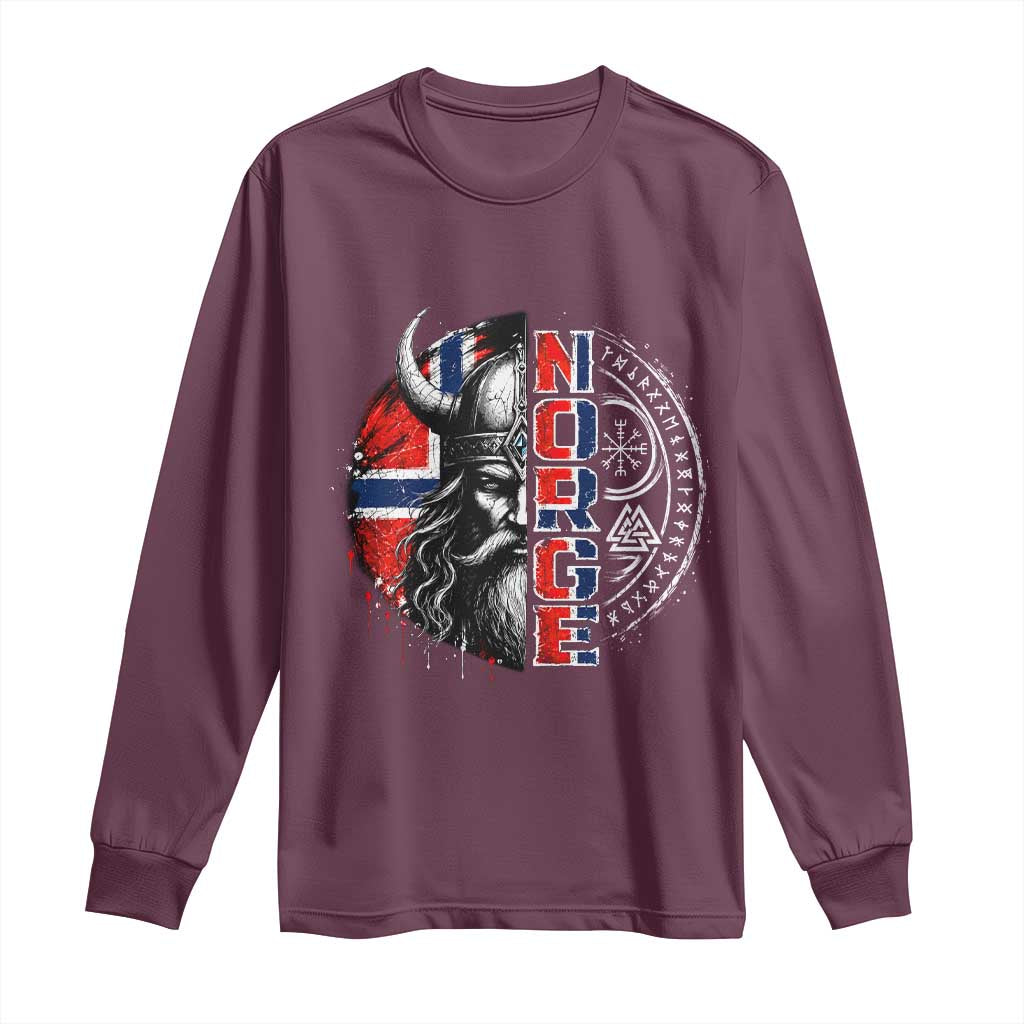 Fierce Norge Viking Warrior with Horned Helmet Graphic Long Sleeve Shirt Norway Pride Distressed Norwegian Flag and Runes TS02 Maroon Print Your Wear