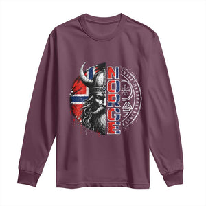 Fierce Norge Viking Warrior with Horned Helmet Graphic Long Sleeve Shirt Norway Pride Distressed Norwegian Flag and Runes TS02 Maroon Print Your Wear