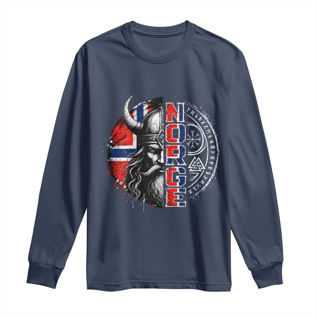 Fierce Norge Viking Warrior with Horned Helmet Graphic Long Sleeve Shirt Norway Pride Distressed Norwegian Flag and Runes TS02 Navy Print Your Wear
