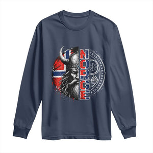 Fierce Norge Viking Warrior with Horned Helmet Graphic Long Sleeve Shirt Norway Pride Distressed Norwegian Flag and Runes TS02 Navy Print Your Wear