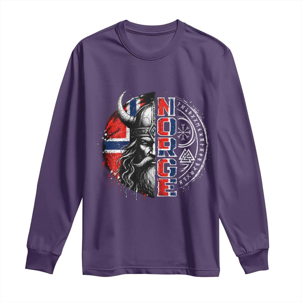 Fierce Norge Viking Warrior with Horned Helmet Graphic Long Sleeve Shirt Norway Pride Distressed Norwegian Flag and Runes TS02 Purple Print Your Wear