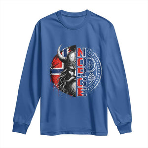 Fierce Norge Viking Warrior with Horned Helmet Graphic Long Sleeve Shirt Norway Pride Distressed Norwegian Flag and Runes TS02 Royal Blue Print Your Wear